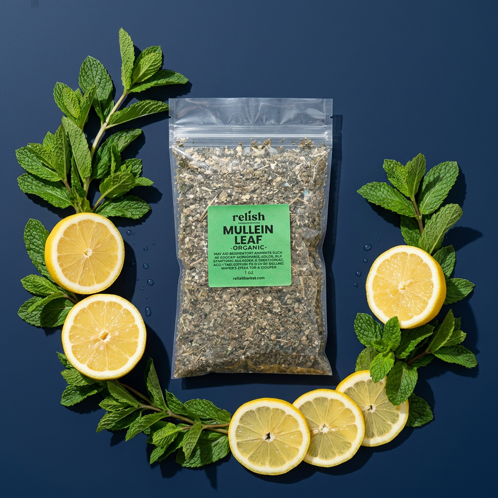 Mullein Leaf by Relish Market on a bed of fresh mint and lemon on a dark blue background.