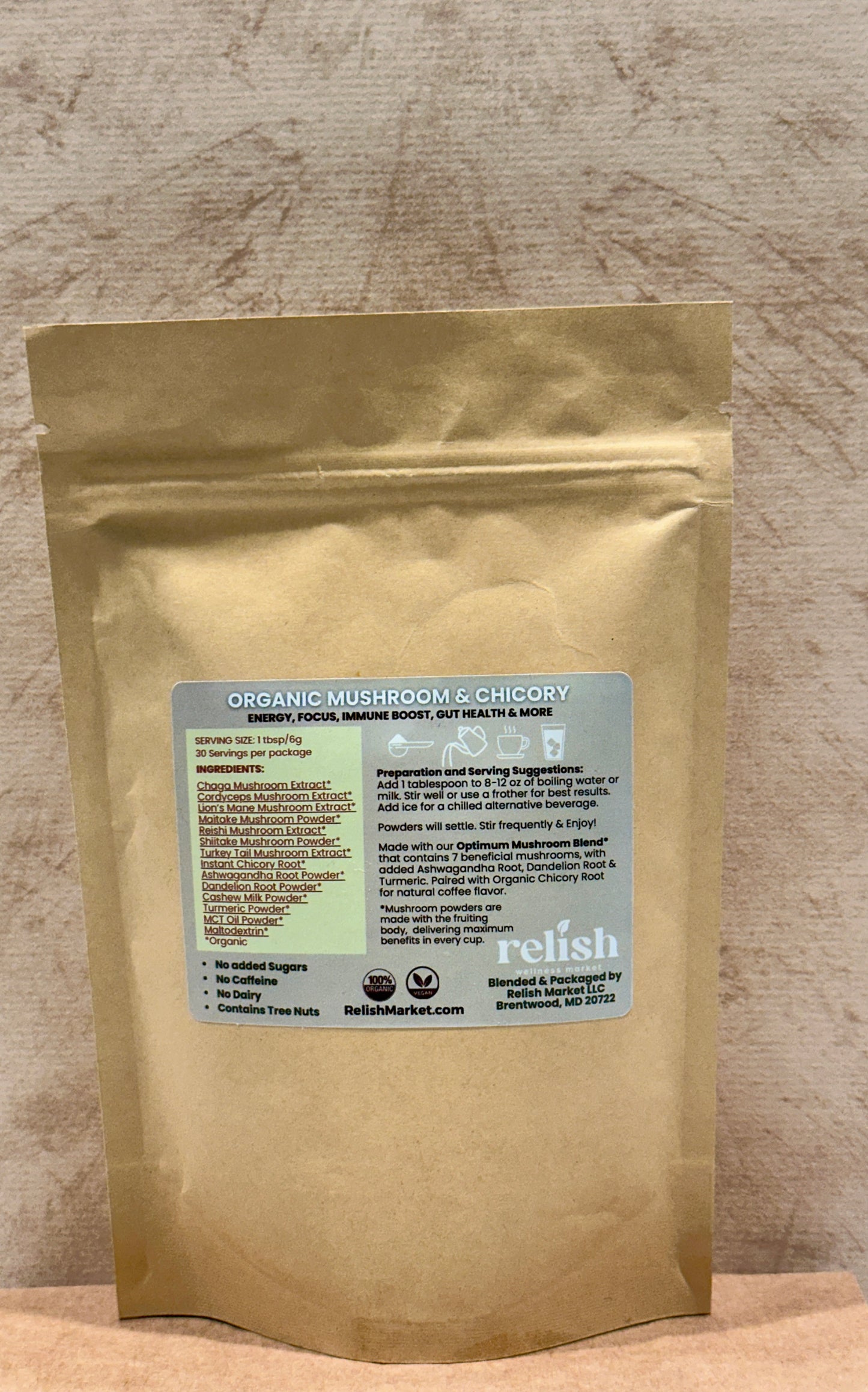 Mushroom & Chicory Back label with ingredients list, benefits and how to use