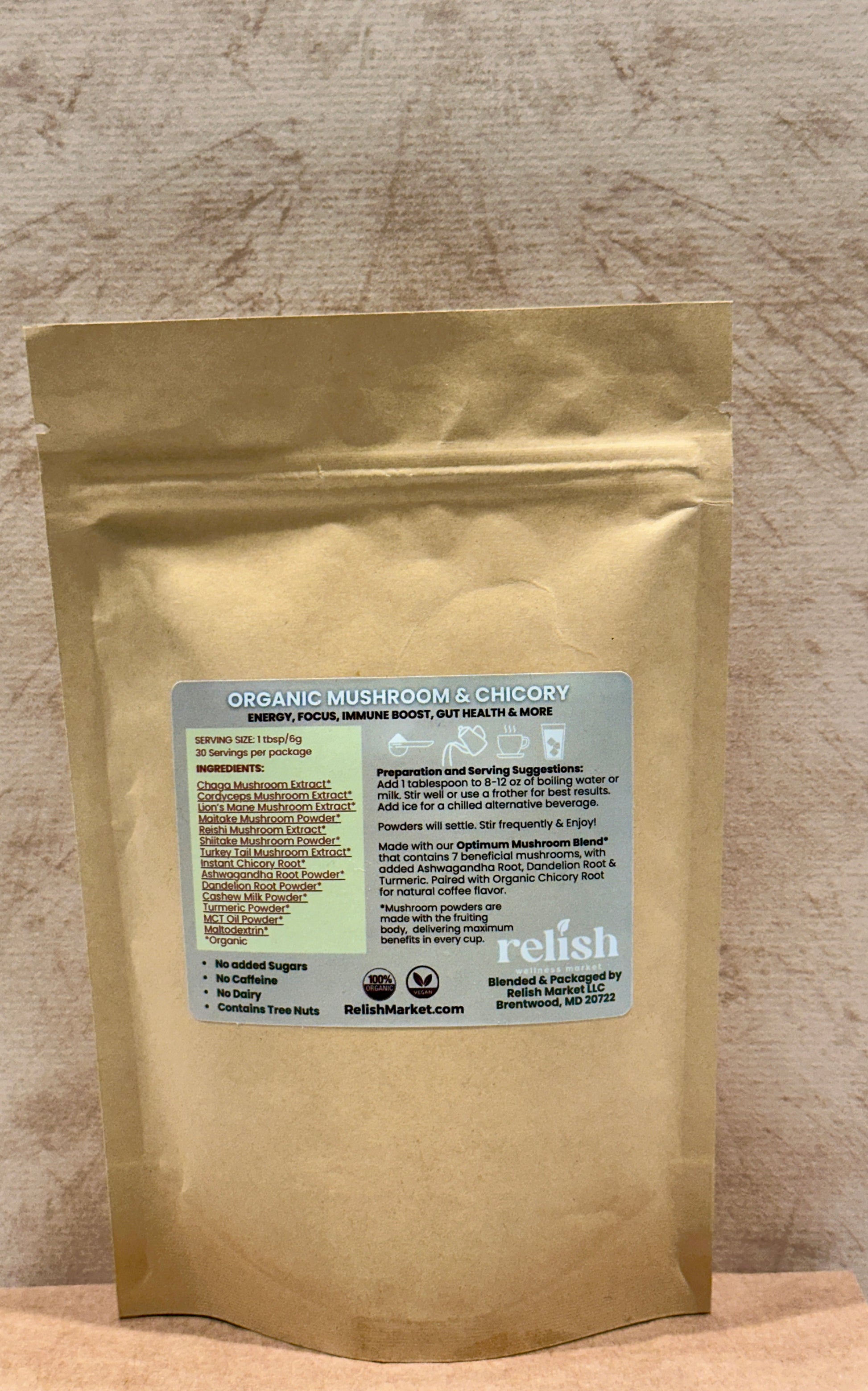 Mushroom & Chicory Back label with ingredients list, benefits and how to use