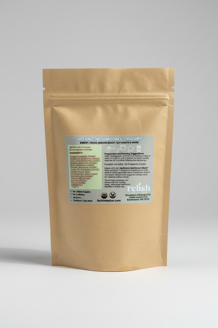 A stand-up kraft paper pouch with a resealable zipper and a large white and light green label on the front, photographed against a clean light gray studio background. The brand name 'relish' is visible on the label.