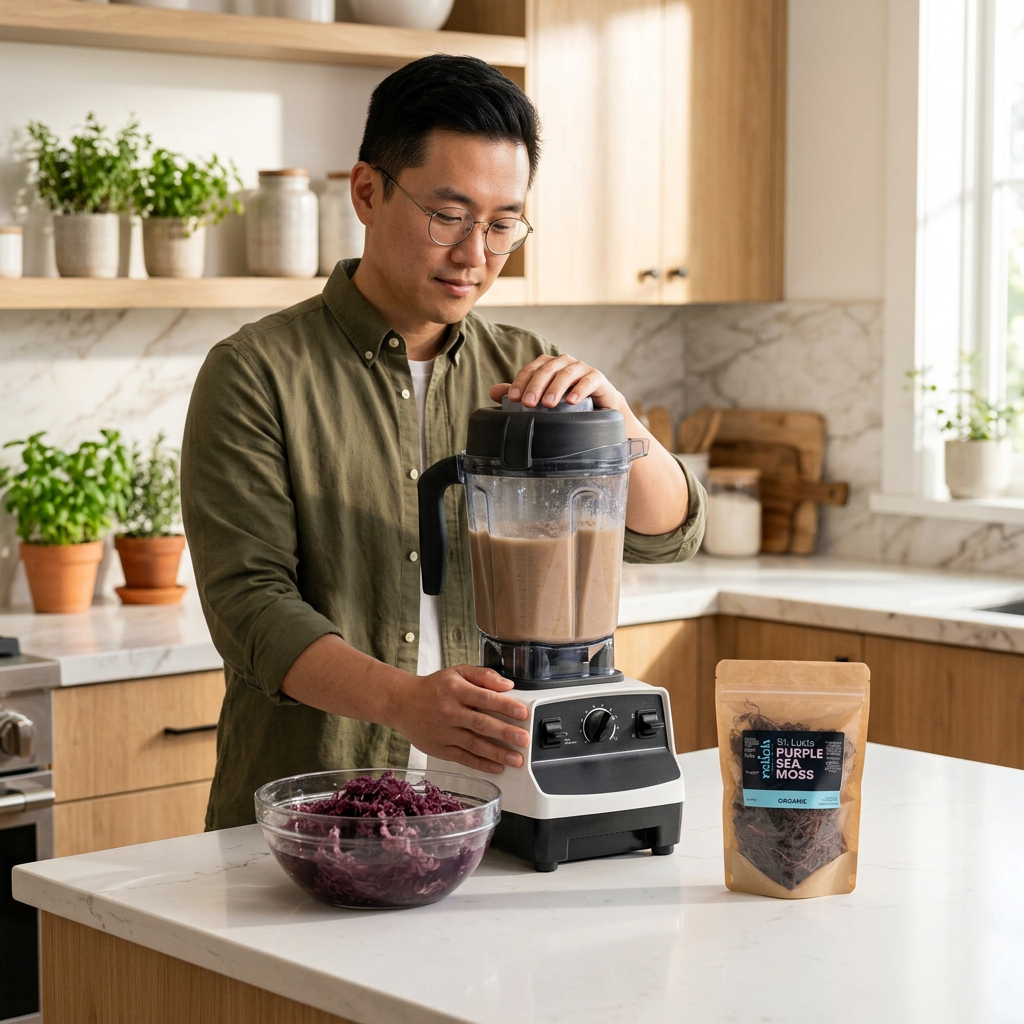 Man preparing purple sea moss gel in a kitchen.