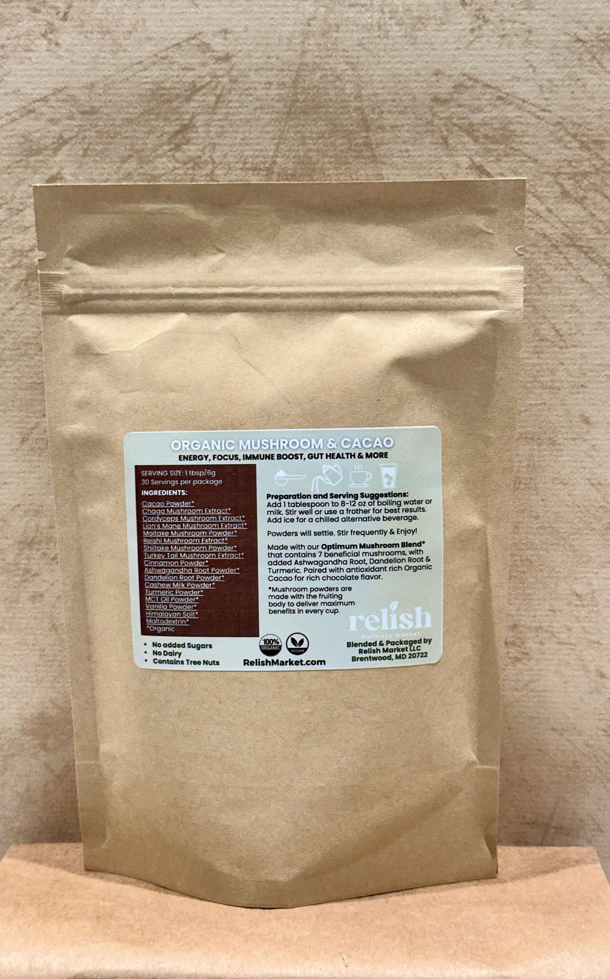 Relish Market Mushroom & Cacao drink mix back label ingredients serving suggestions