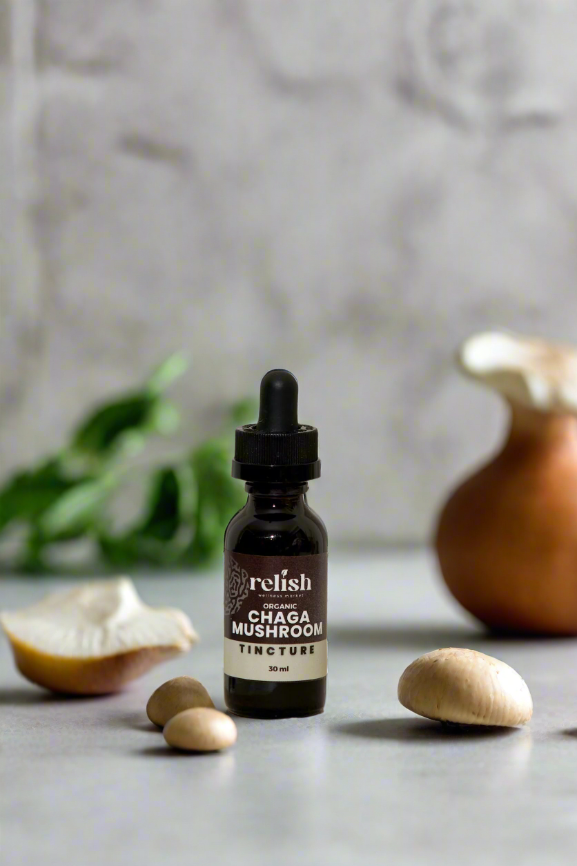 Relish_market_Chaga Mushroom Tincture white counter background