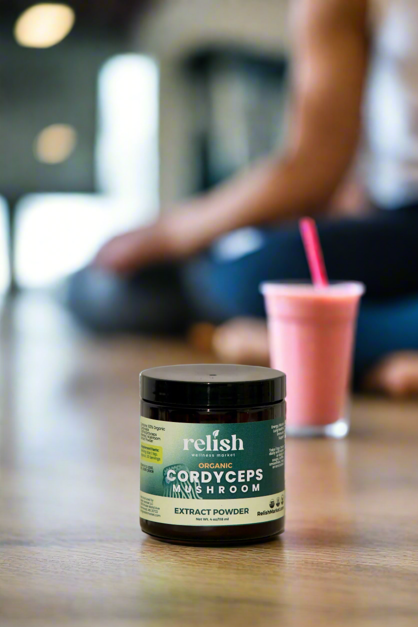 Relish_market_Cordycep Powder gym smoothie person blurred in background