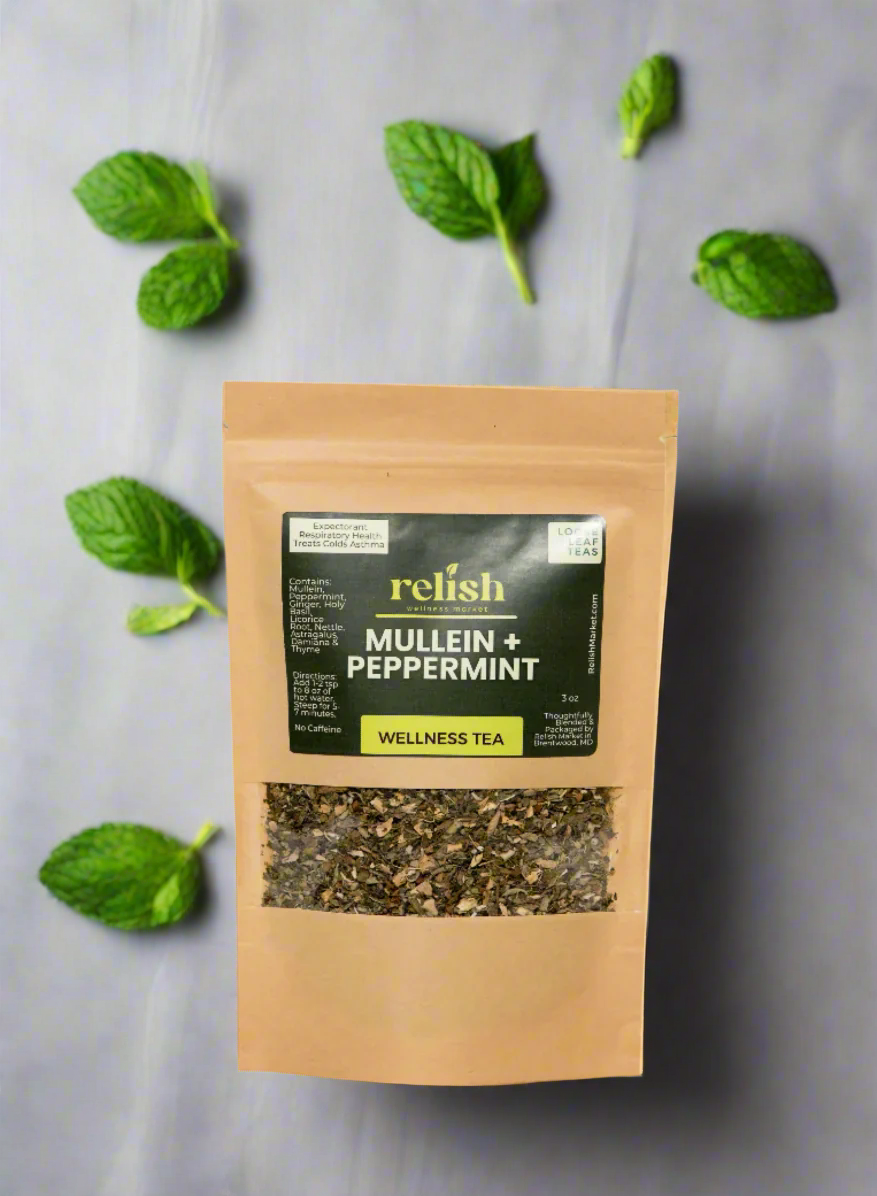 Kraft zip bag of Relish Market Mullein & Peppermint Tea on a light grey background with mint leaves.