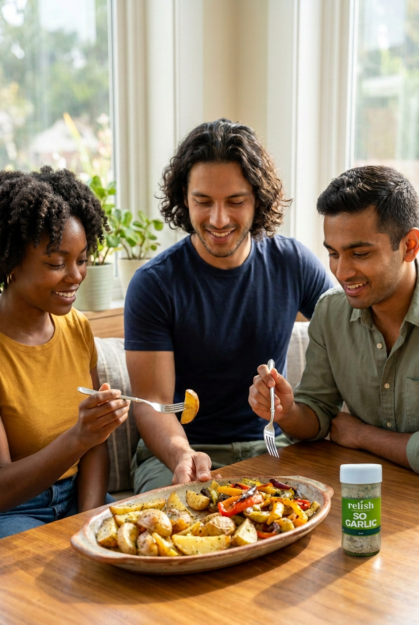 Three people sitting at a table enjoying a dish made with So Garlic Spice Blend by Relish Market.