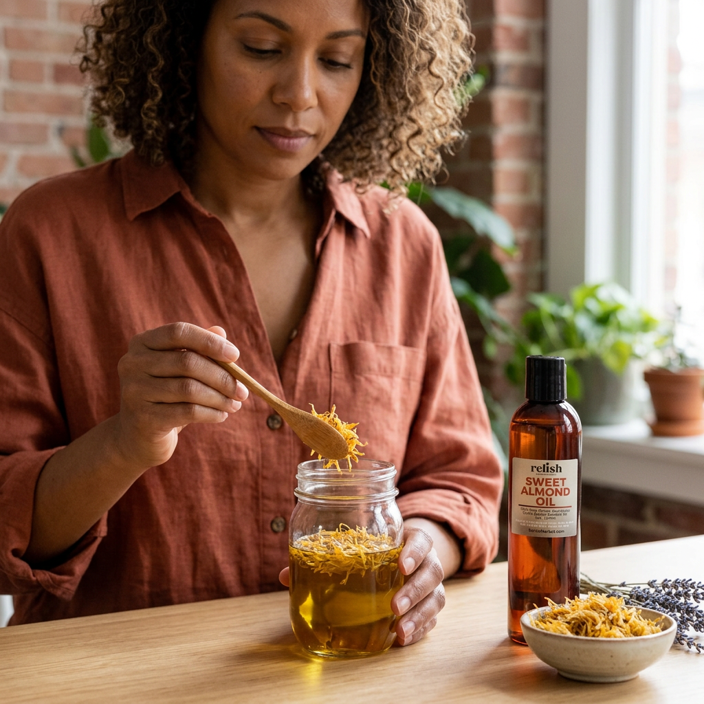 Woman preparing a calendula infusion with Sweet Almond Oil by Relish Market