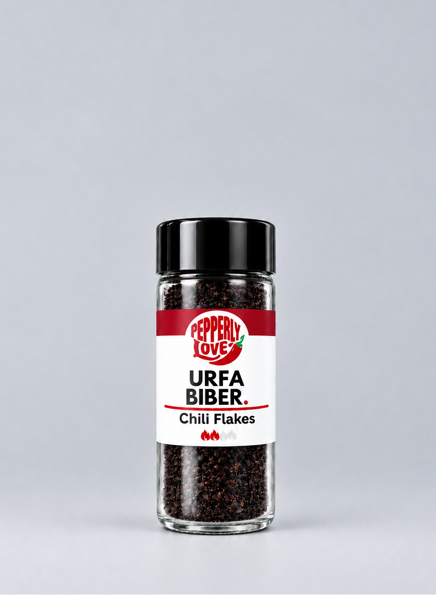 A bottle of Pepperly Love Urfa Biber Chili Flakes seasoning, featuring a black cap and a white label with red accents, set against a solid light gray background.