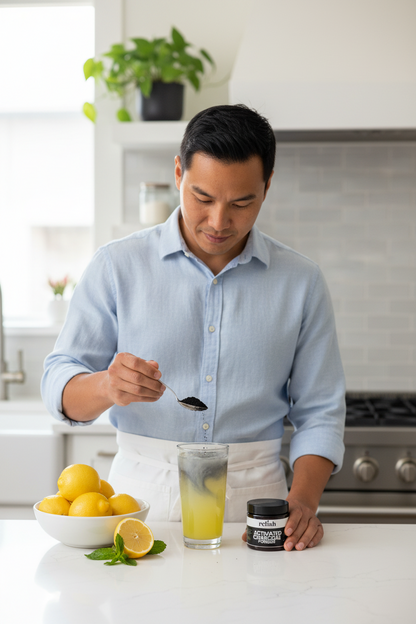 A man in a light blue shirt and white apron stands in a bright kitchen, adding activated charcoal powder from a spoon to a glass of lemonade. On the counter are lemons, mint leaves, and a small black jar of Activated Charcoal Powder by Relish Market.