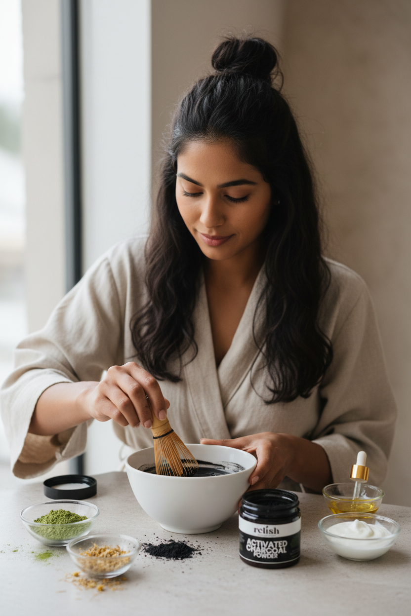 A woman in a beige robe mixes a black face mask in a white bowl with a bamboo whisk. Several small bowls of ingredients and a jar labeled 'Relish Wellness Market Activated Charcoal Powder' are arranged on a light table in a bright indoor setting.