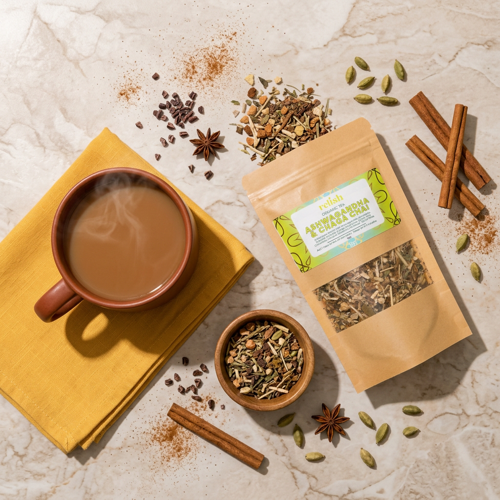 Ashwagandha & Chaga Chai Tea Blend by Relish Market chai ritual flat-lay with cinnamon sticks, star anise, cardamom pods and a cup of brewed tea.
