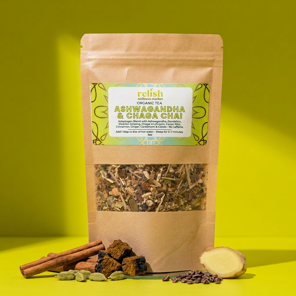 Ashwagandha & Chaga Chai Tea Blend by Relish Market on a bright green background with chai spices and chaga mushroom chunks