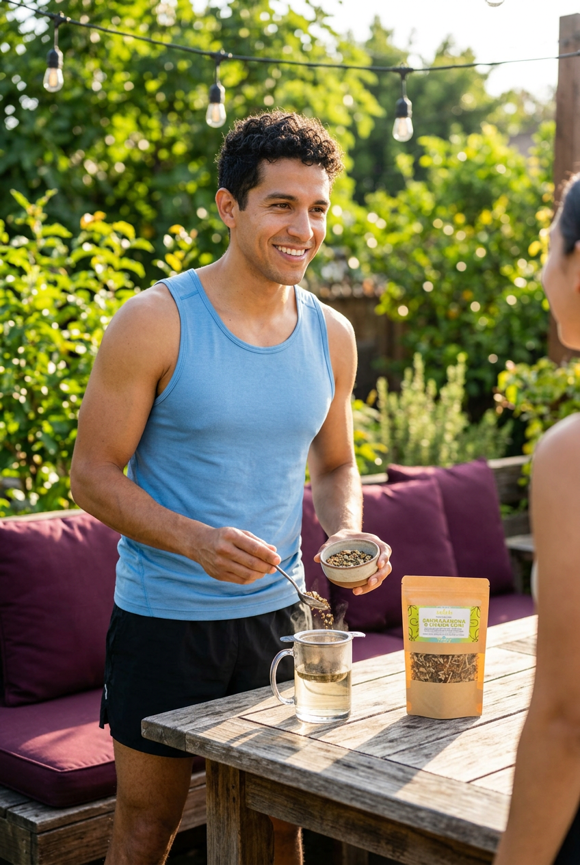 Man outside on the deck brewing a cup of Ashwagandha & Chaga Chai Tea Blend by Relish Market.