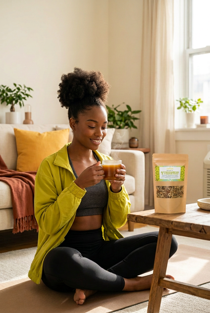 Woman sitting on living room floor enjoying a brewed cup of Ashwagandha & Chaga Chai Tea Blend by Relish Market.