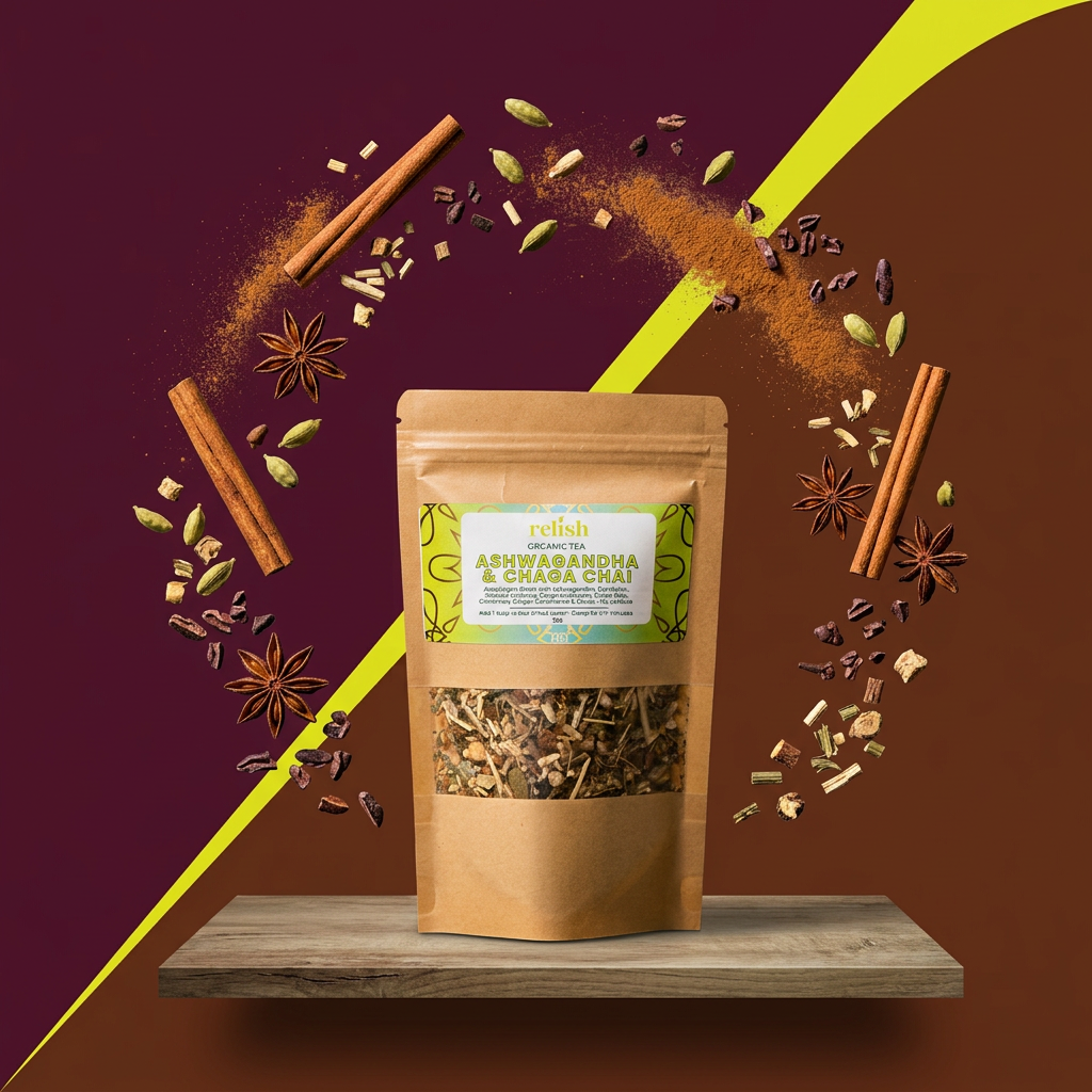 Editorial floating chai spices around a Kraft zip bag of Ashwagandha & Chaga Chai Tea Blend by Relish Market