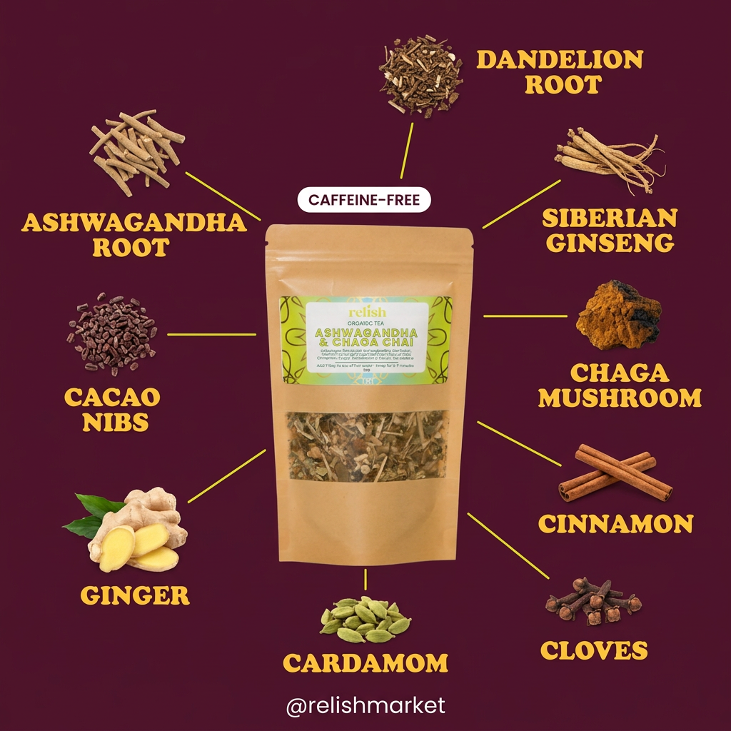 Ashwagandha & Chaga Chai Tea Blend by Relish Market infographic listing the tea ingredients a plum colored background.