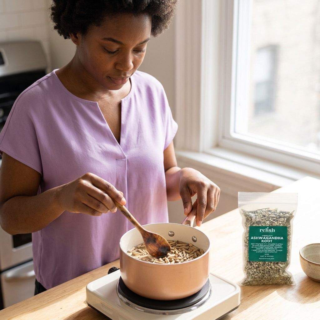 Woman with a lilac blouse in kitchen boiling Ashwagandha Root by Relish Market to make tea