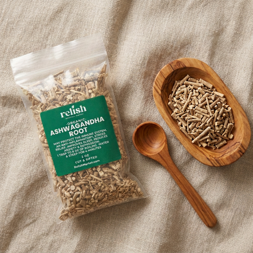 Ashwagandha Root by Relish Market flat-lay with a wooden bowl and spoon on a beige cloth
