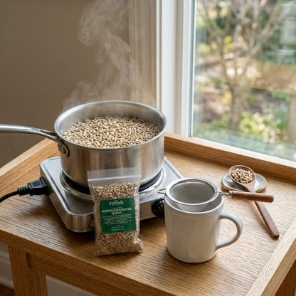Ashwagandha Root preparation with a pot of boiling ashwagandha root, tea mug and wooden spoon filled with the root.