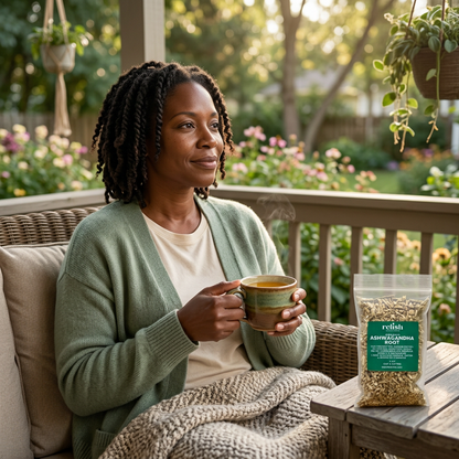 Woman relaxing with Relish Market Ashwagandha Root tea and the product bag beside her