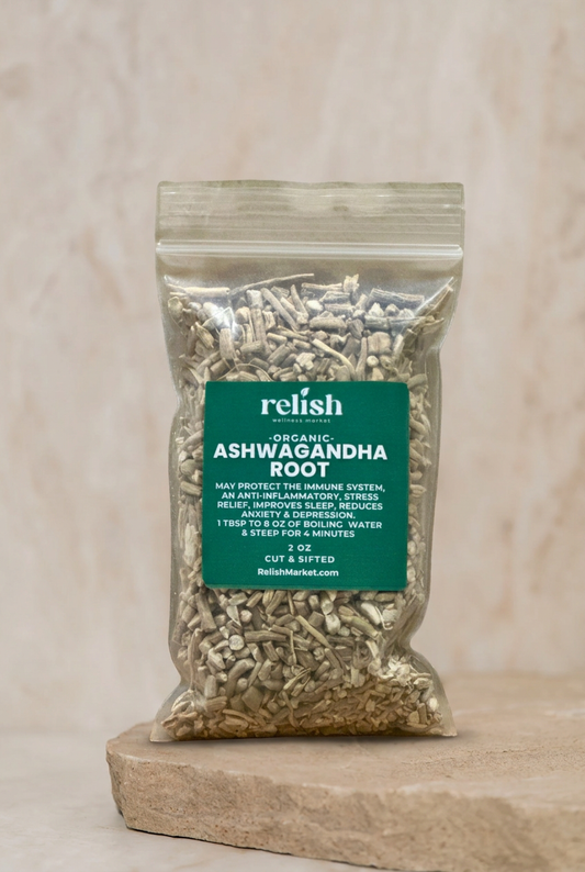 Ashwagandha Root on a stone slab and neutral background.
