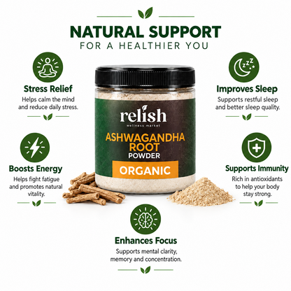 A jar of Relish Wellness Natural Ashwagandha Root Powder Organic centered on a white background with green text and icons around it. The label shows the brand name 'relish' and product name 'ASHWAGANDHA ROOT POWDER' with 'ORGANIC' in an orange band.