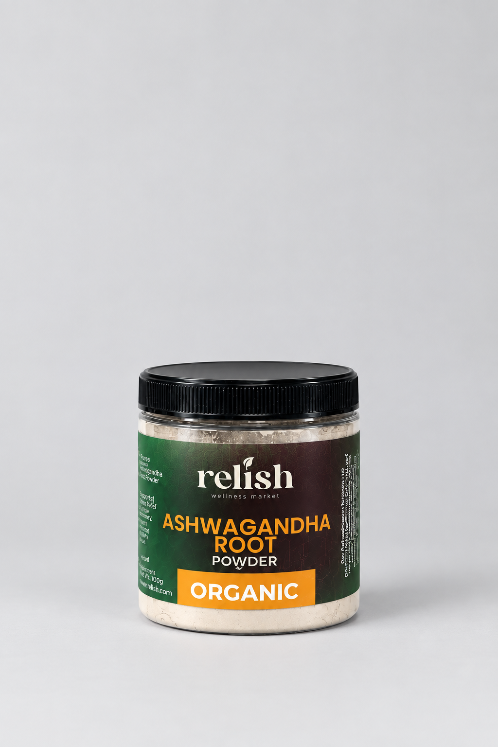 A jar of Relish Market Ashwagandha Root Powder Organic, on a neutral light grey background.