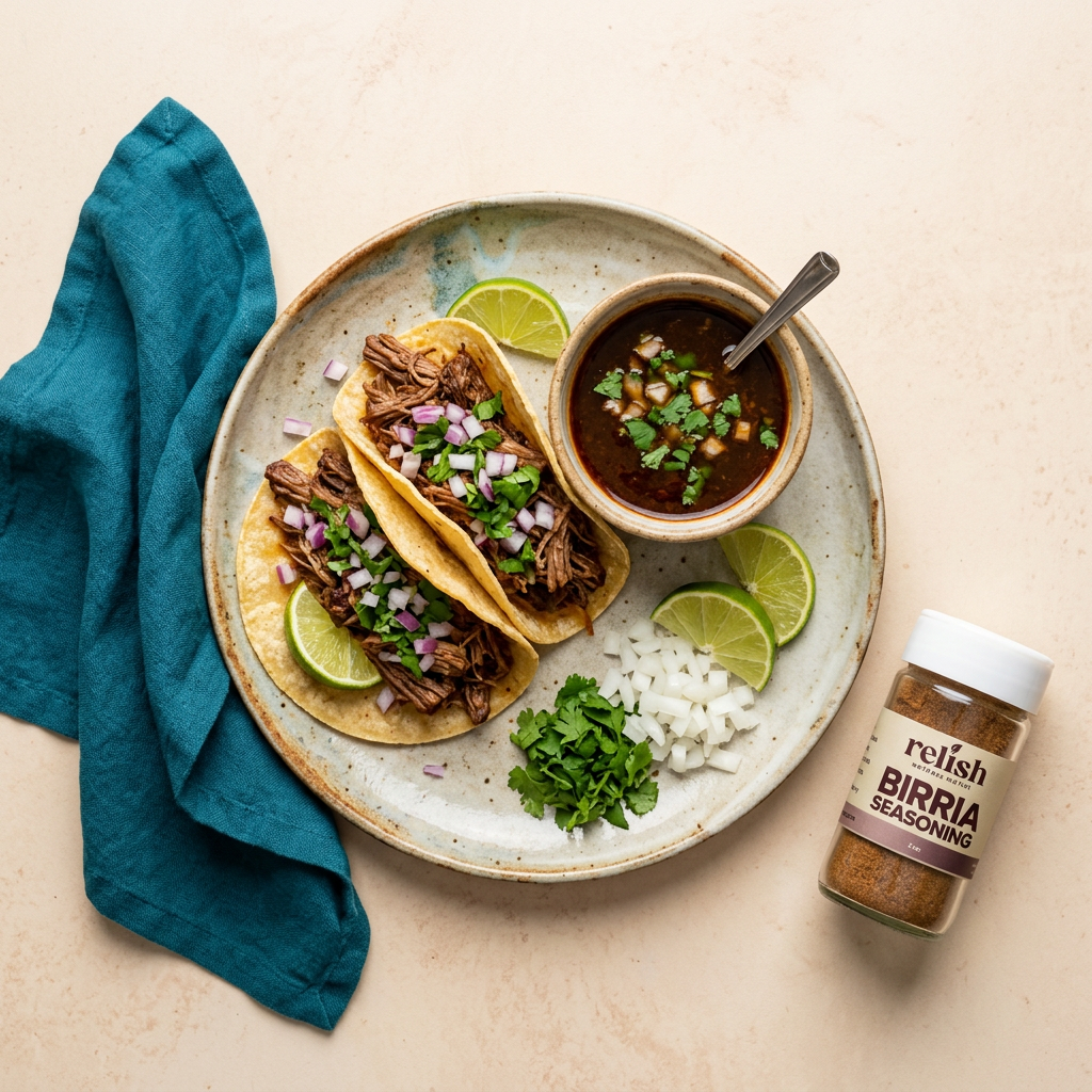 A styled overhead food scene on a beige surface showing two soft tacos with shredded meat, diced red onion, cilantro, lime wedges, a small bowl of dark sauce, and a jar labeled 'Relish Market BIRRIA SEASONING.' A teal cloth napkin is also present.