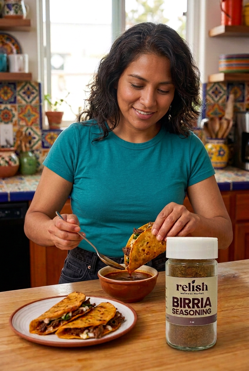 A woman in a teal t-shirt is shown in a kitchen setting, dipping a taco into a bowl of birria consume sauce. In the foreground, a jar of 'Relish Market BIRRIA SEASONING' is clearly visible on a wooden table next to a plate of tacos.