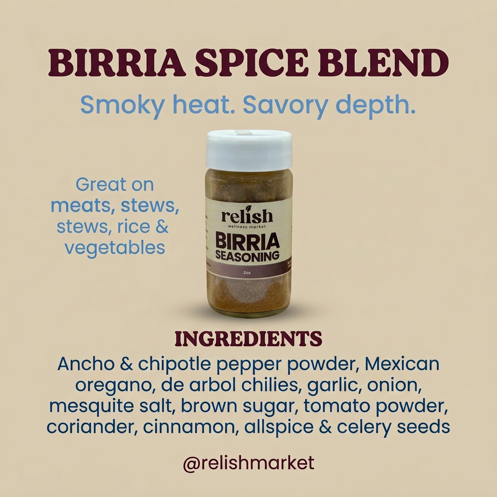 A product information graphic for Relish Market's Birria Seasoning. The image features a central bottle of the brownish-brown seasoning with a white cap, surrounded by descriptive text on a solid beige background.