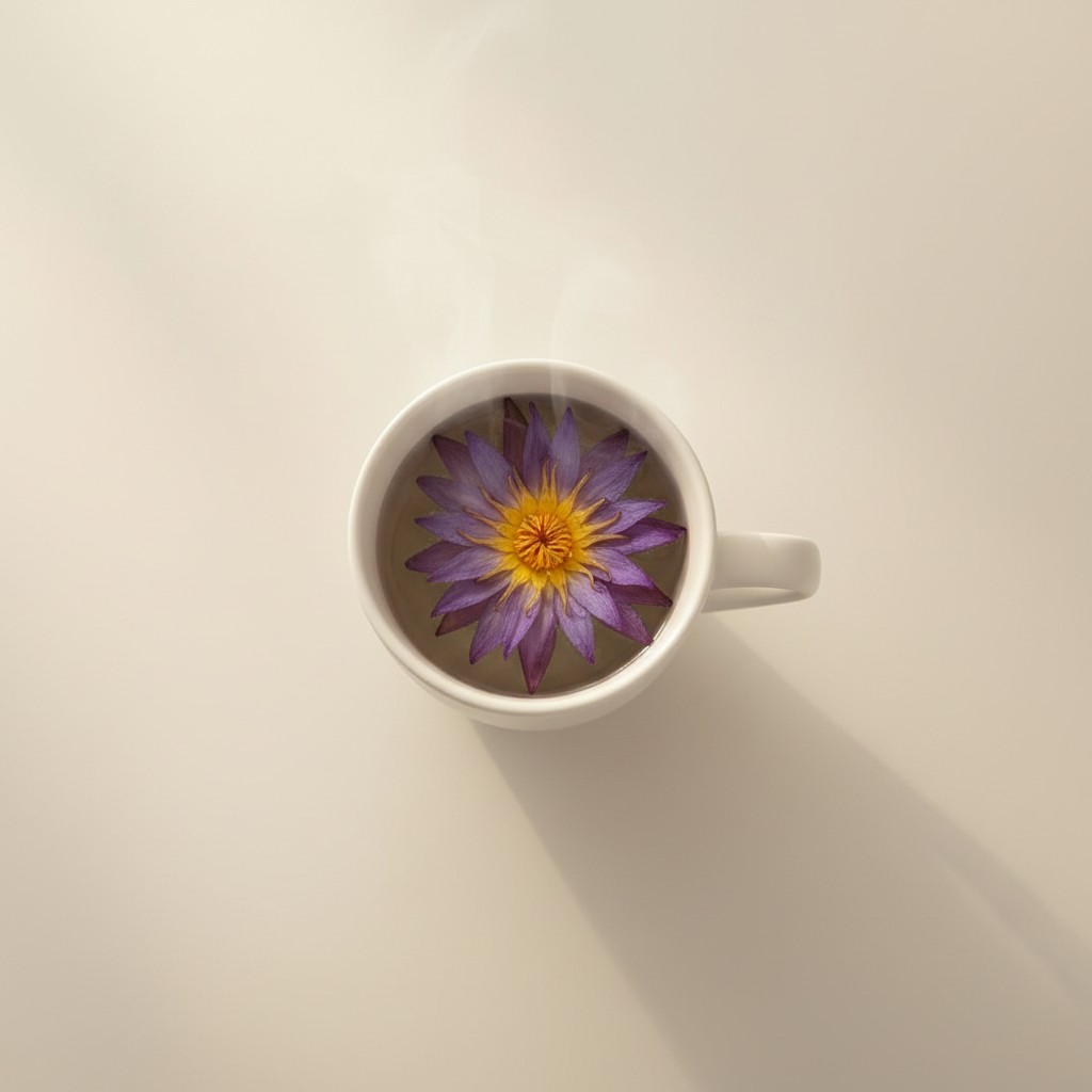 A top-down view of a white ceramic mug on a warm beige surface, containing a blooming purple lotus flower with a yellow center and rising steam.