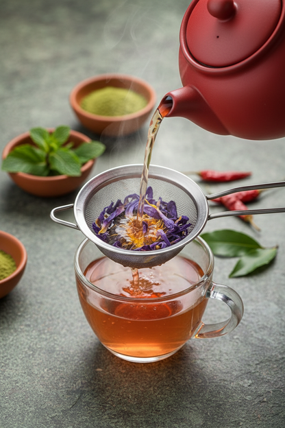 A red teapot pours amber tea into a metal strainer holding purple and yellow flowers, set over a clear glass cup on a gray stone surface with small bowls of herbs and spices in the background.