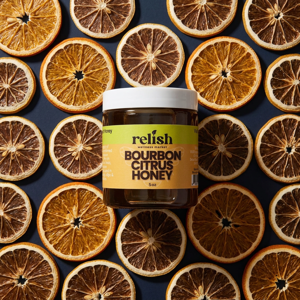 A jar of Bourbon Citrus Honey by Relish Market on a bed of dried citrus flat lay