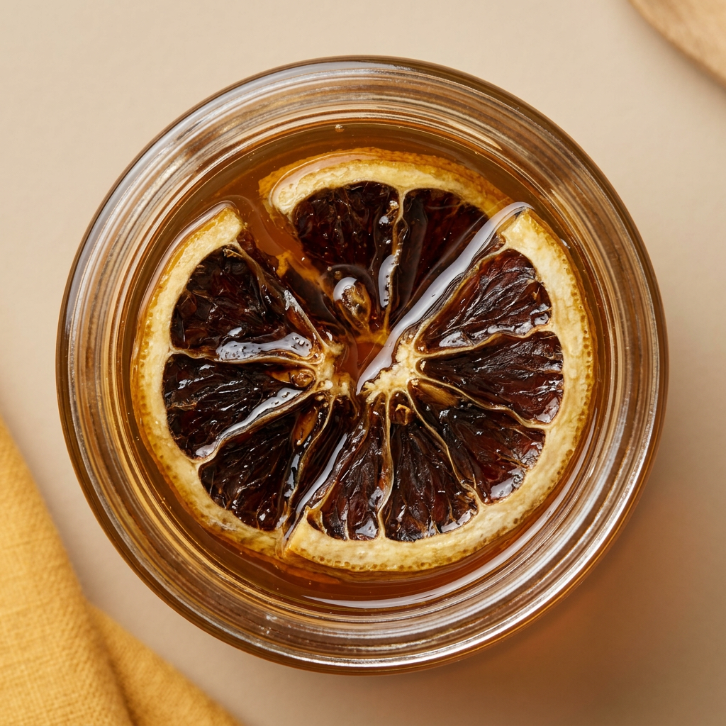 Top view of an opened jar of Bourbon Citrus Honey by Relish Market. Orange peel and honey are visible.