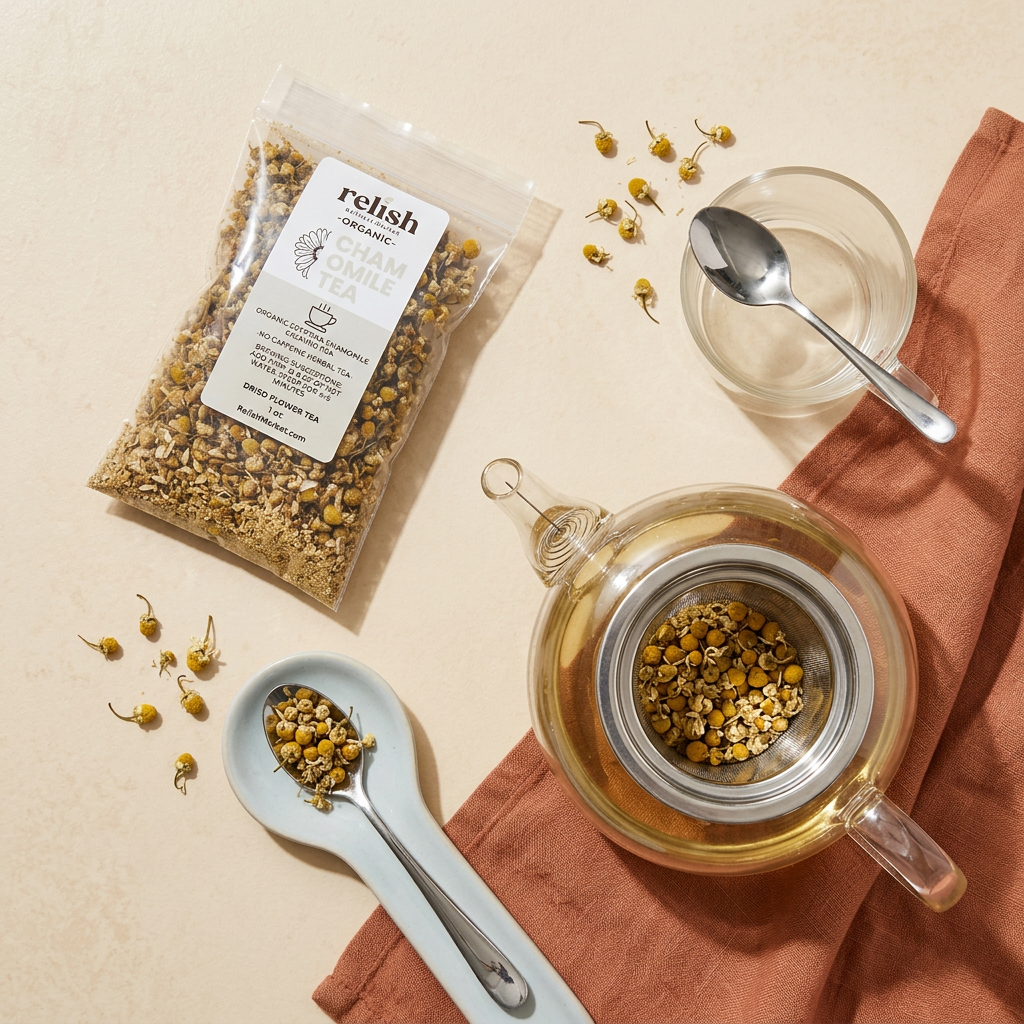 Chamomile tea flat lay on a warm cream background. A clear resealable bag labeled Relish Market organic chamomile tea sits beside a glass teapot filled with pale golden tea and loose chamomile flowers, along with two spoons and a small glass cup.