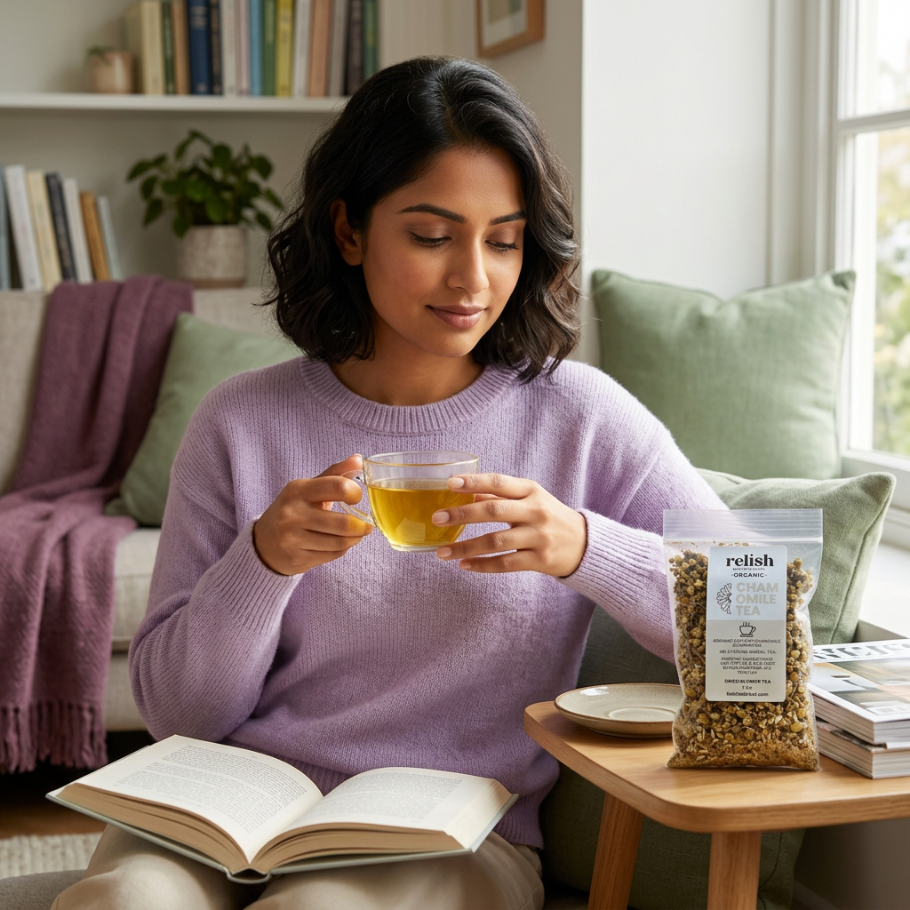 A woman in a cozy living room setting, wearing a lavender sweater and holding a glass of tea. On the table next to her is a bag of Relish Market Organic Chamomile tea, with an open book in her lap.