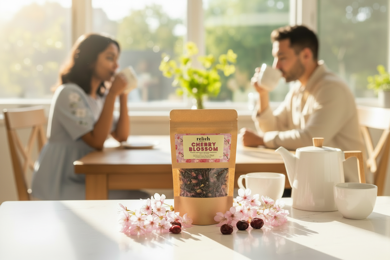 couple sitting at a kitchen  table with cherry blossom tea package in the foreground