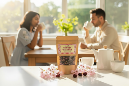 couple sitting at a kitchen  table with cherry blossom tea package in the foreground