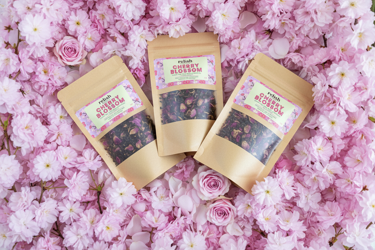 Three packages of 'Cherry Blossom' tea on a bed of pink flowers