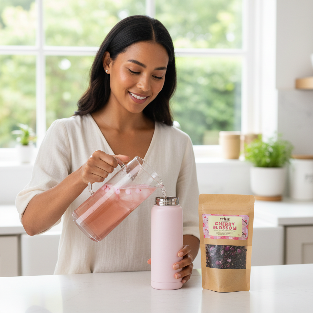 Woman pouring pink cherry blossom iced tea  into a tumbler with a cherry blossom tea blend  package on a kitchen counter.