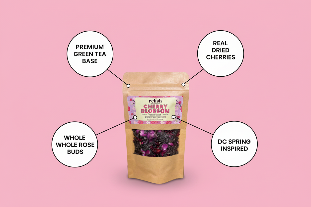 Packaging of relish cherry blossom with text highlighting ingredients on a pink background