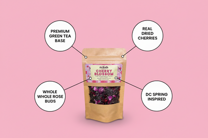Packaging of relish cherry blossom with text highlighting ingredients on a pink background