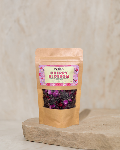 Packaged product labeled 'Cherry Blossom' by 'relish' on a beige background