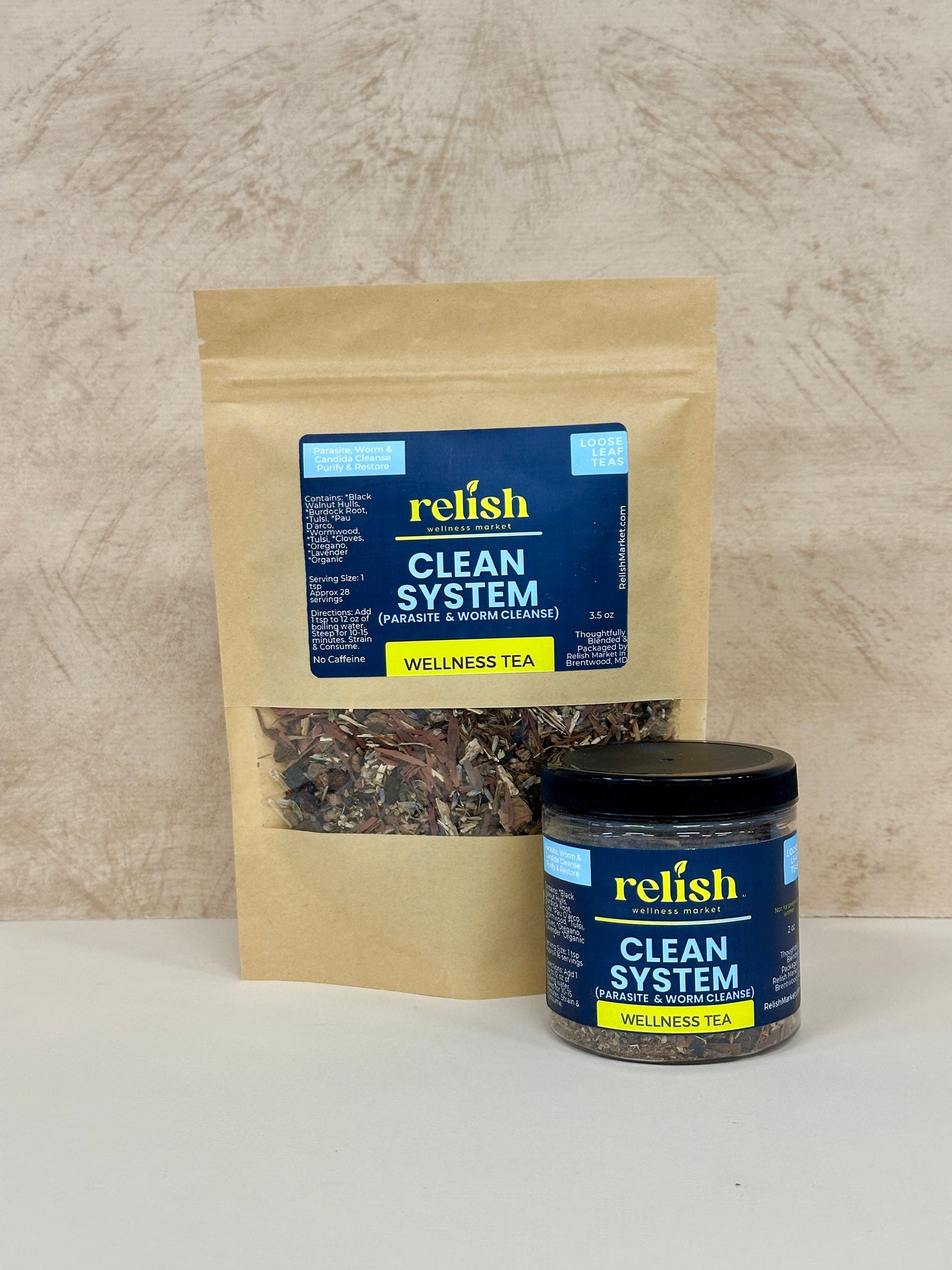Relish Clean System wellness tea package and jar on a neutral background