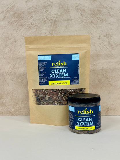 Relish Clean System wellness tea package and jar on a neutral background