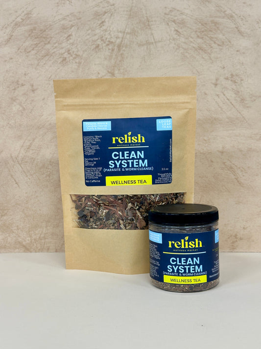 Relish Clean System wellness tea package and jar on a neutral background