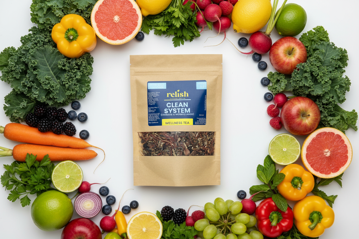 Bag of Clean System detox tea by Relish Market surrounded by bright fruits and vegetables