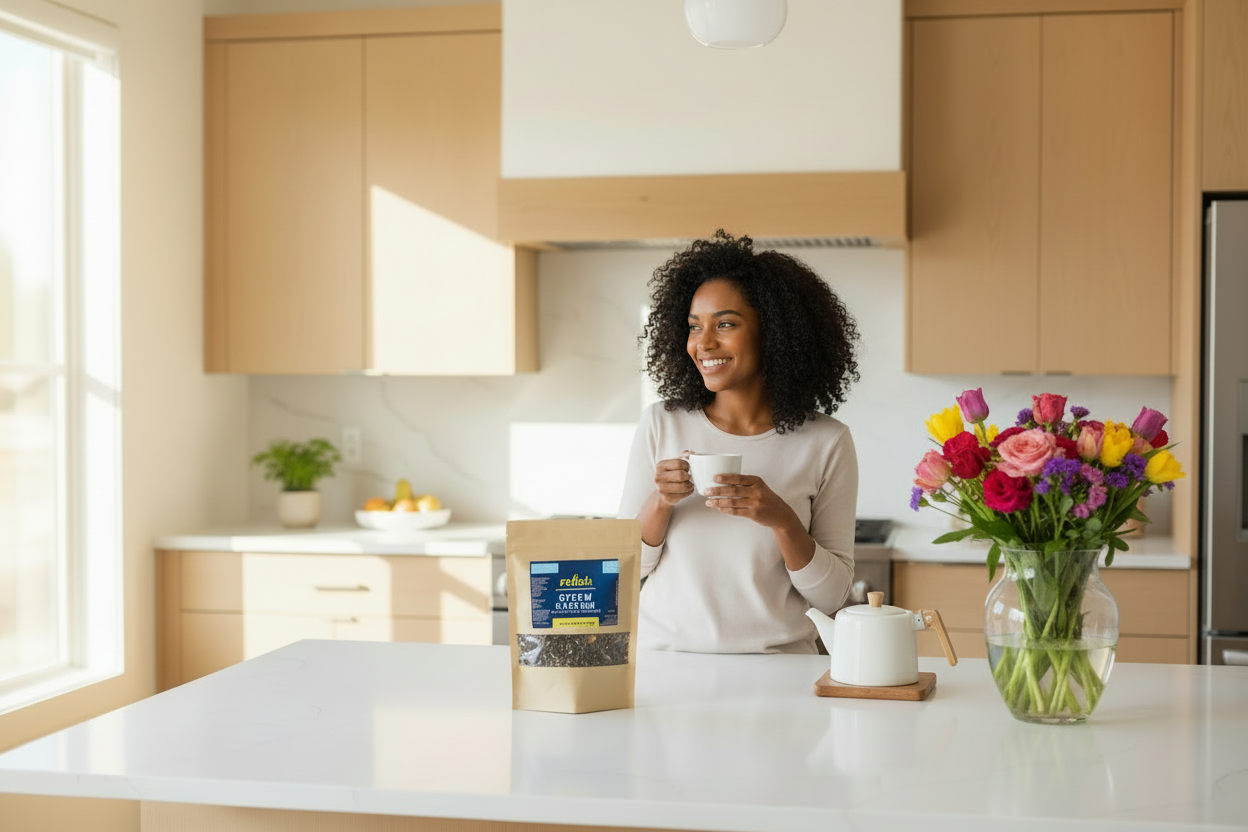 Woman in a kitchen holding a cup, with a bag of coffee and flowers on the counter.