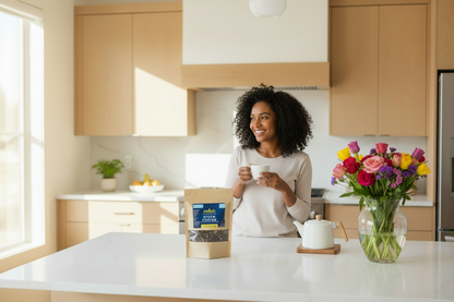 Woman in a kitchen holding a cup, with a bag of coffee and flowers on the counter.