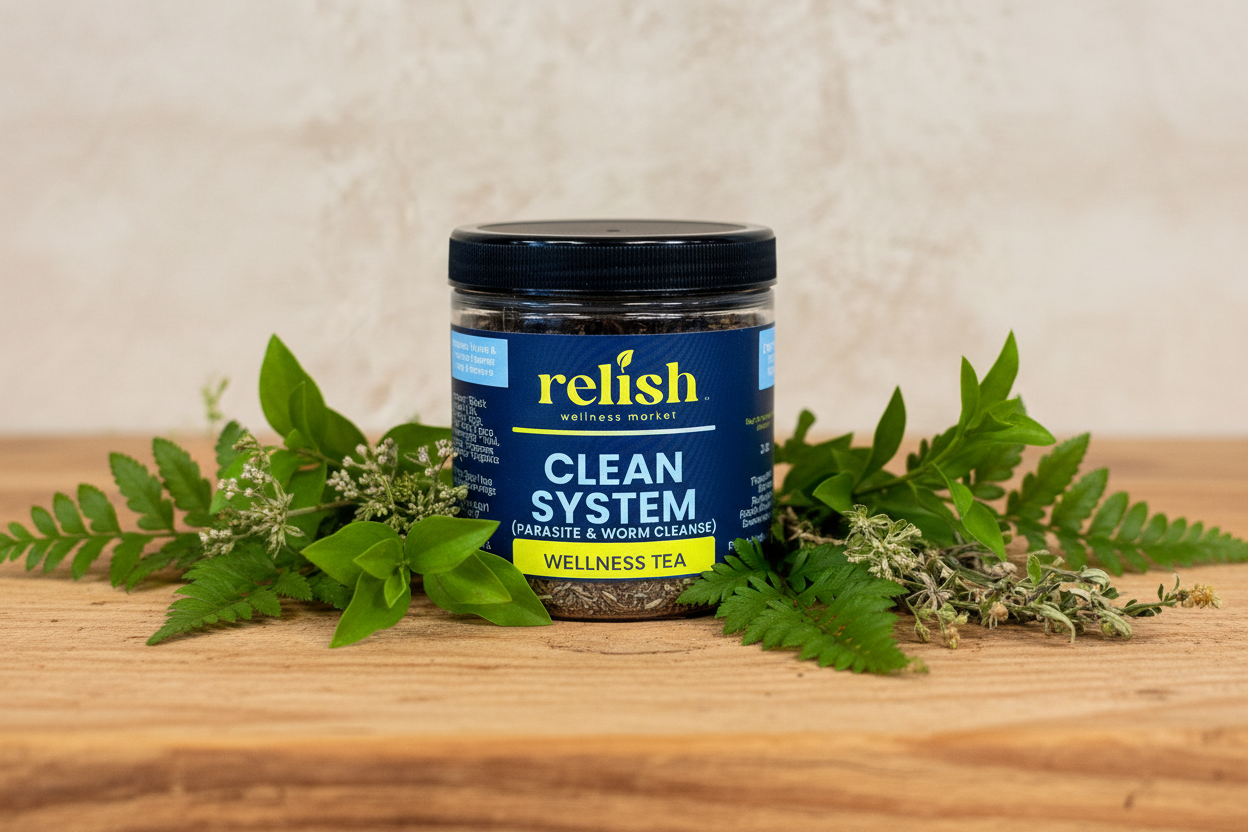 Jar of 'Clean System' wellness tea from Relish on a wooden surface with green leaves.